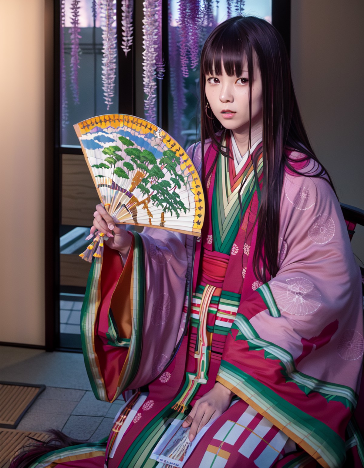 (masterpiece, best quality, high resolution), ((cowboy shot))
Caster3, junihitoe kimono, 1girl, hand fan, solo, wisteria, ...